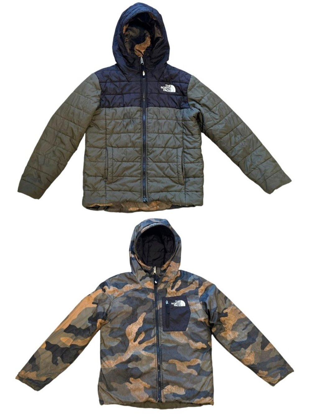 The North Face Reversible Green Camo Hooded Puffer Jacket Coat Youth Boys S 7/8